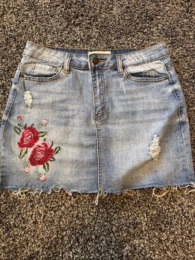 Angel Kiss Light Blue Denim Mini Skirt with Red Rose Embroidery